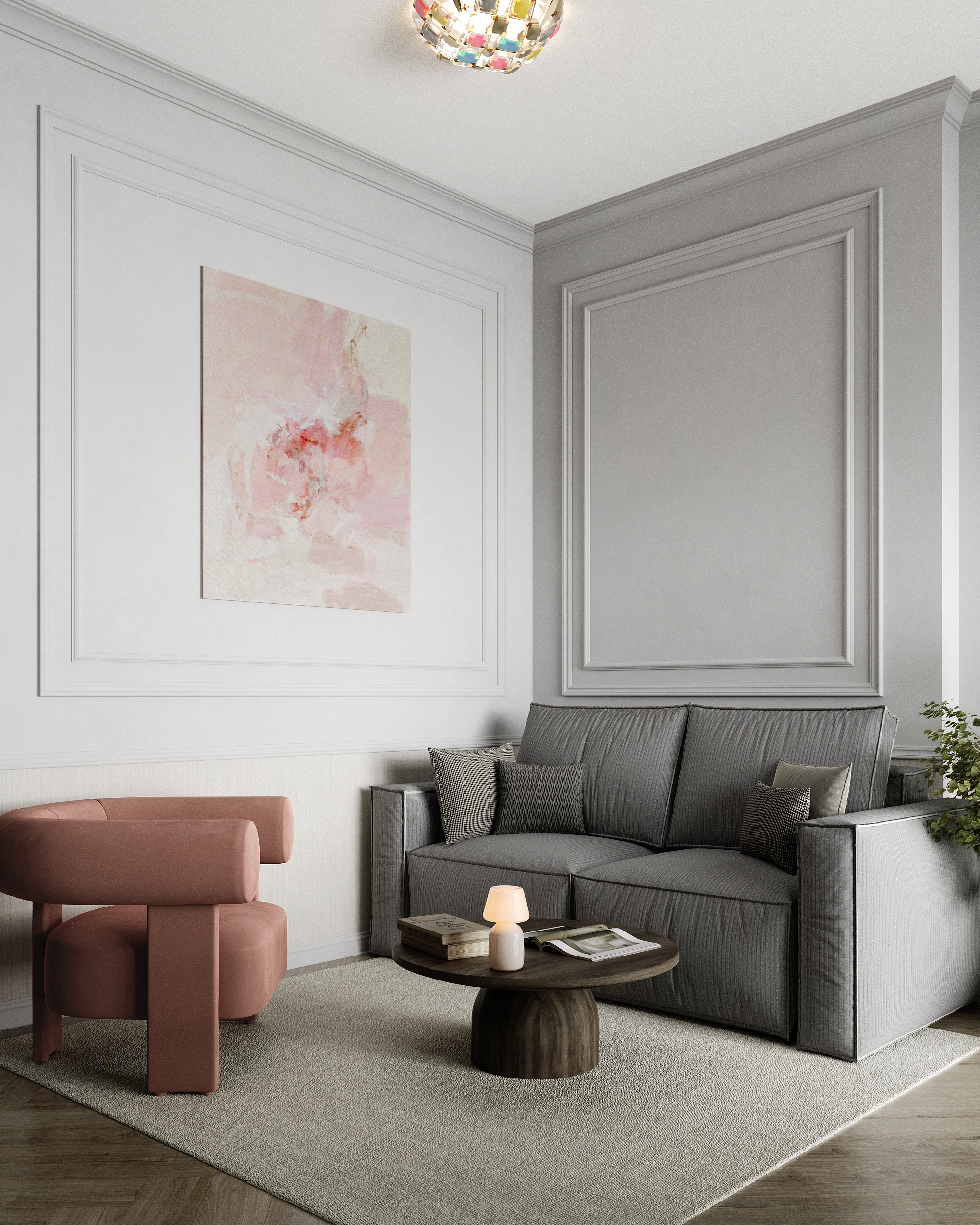 Wohnbereich mit Sofa, Sessel und Stuckdecke