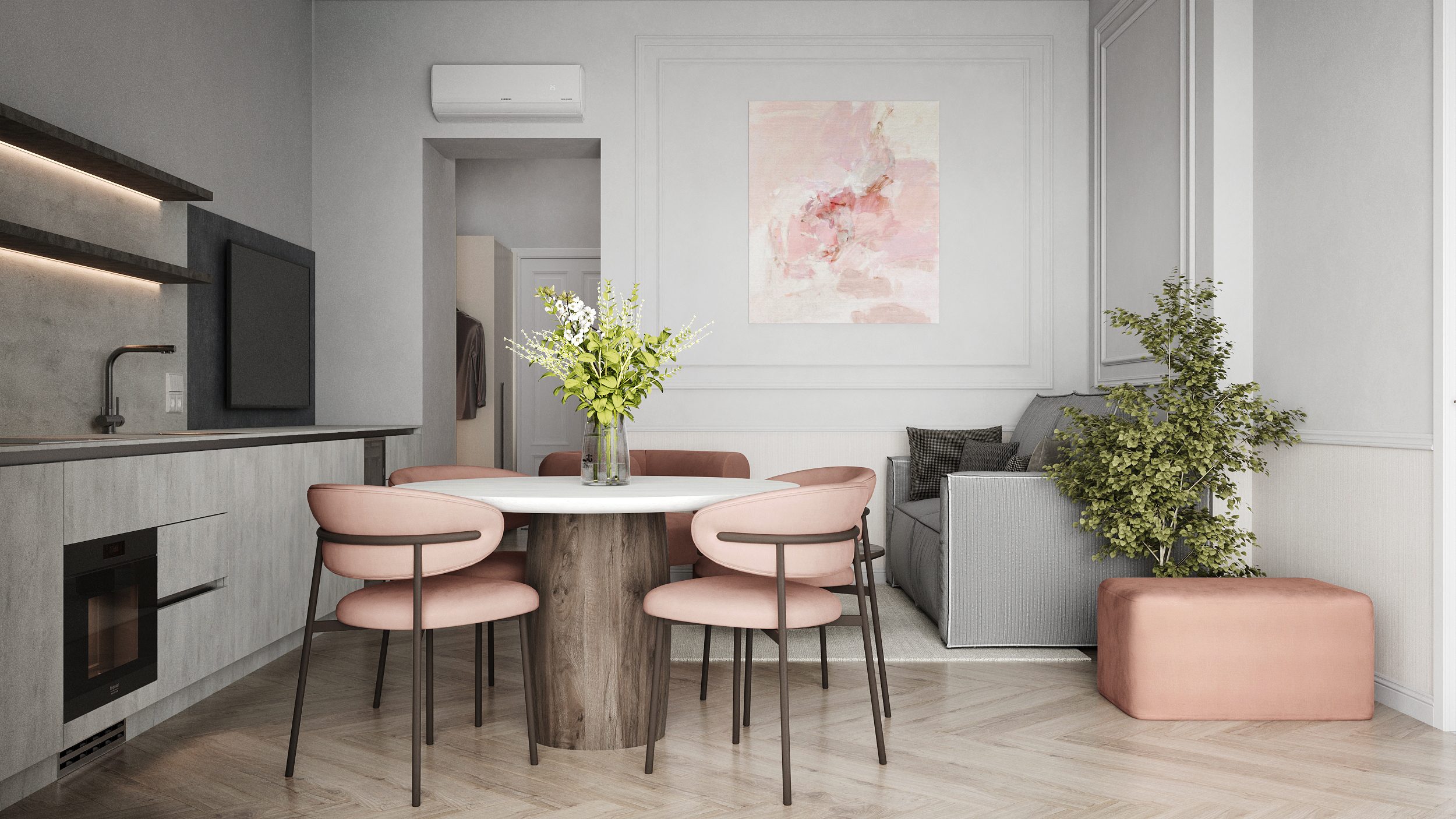 Dining area with four chairs, kitchen run and a sofa beneath a painting