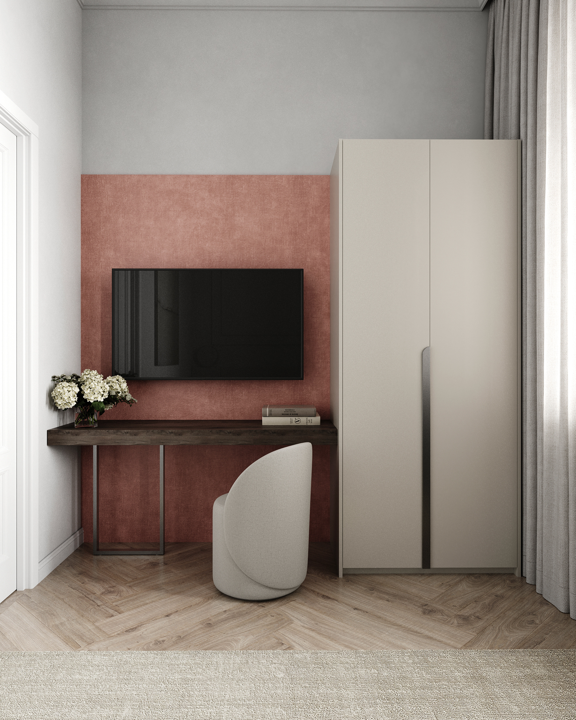 Schlafbereich mit Fernsehwand in Terrakotta, Schreibtisch und Kleiderschrank