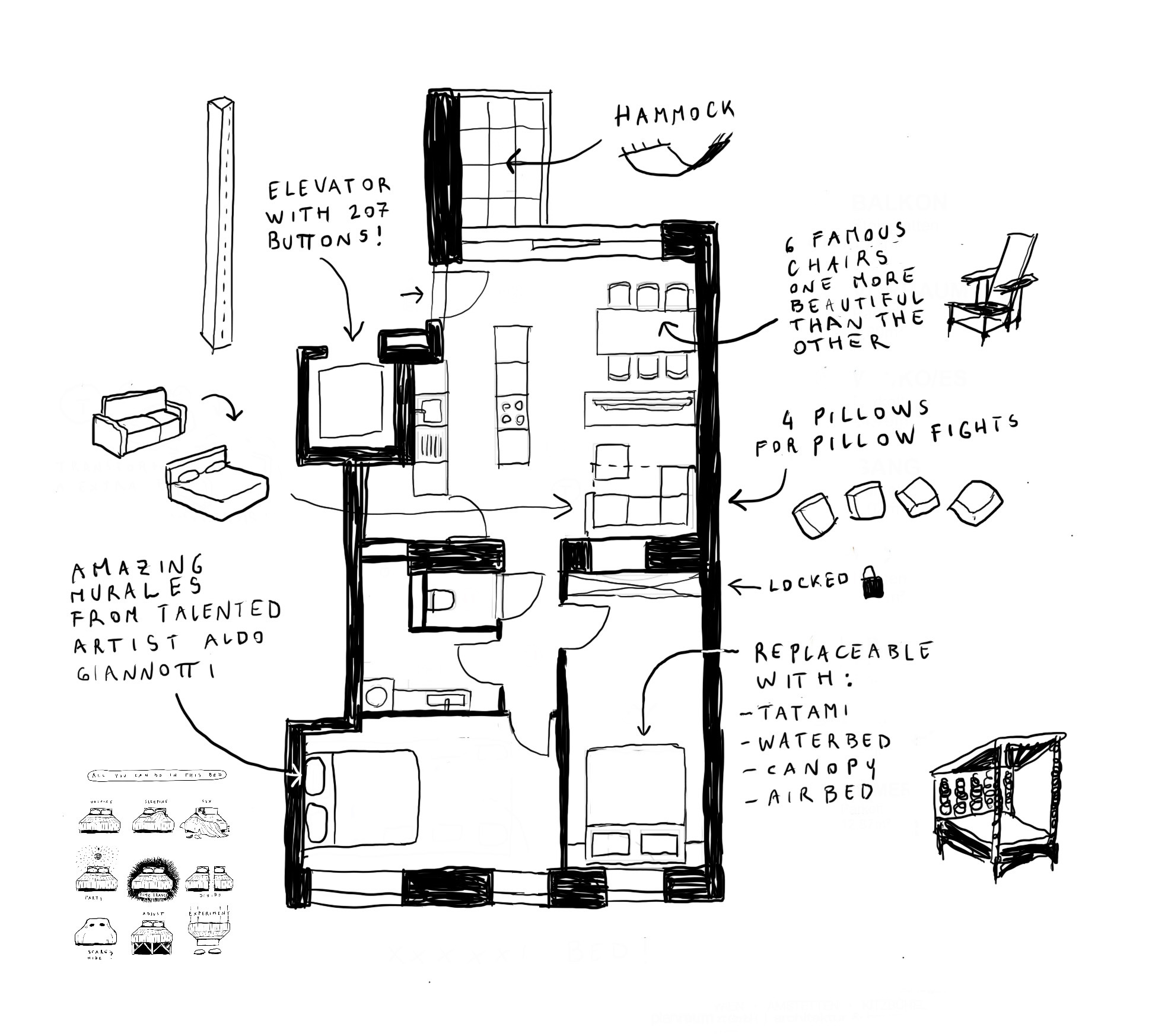 Hand-drawn floor plan: two bedrooms, two bathrooms, kitchen and living area, a loggia at the top. Labelled tongue-in-cheek — “elevator with 207 buttons”, “6 famous chairs”, “4 pillows for pillow fights”, plus murals by Aldo Giannotti.